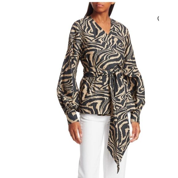 Ganni Zebra Print Wrap Top Size Medium Cotton Tan Black Maximalism Animal Print - Picture 1 of 12